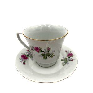 Vintage Floral China Tea Cup & Saucer Set With Pink Roses & Gold Trim